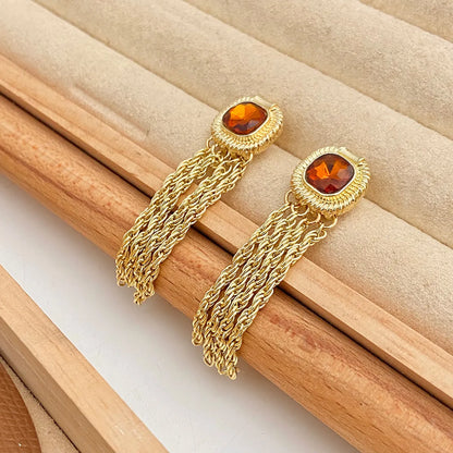 1 Pair Retro Square Tassel Inlay Copper Artificial Gemstones 14k Gold Plated Drop Earrings