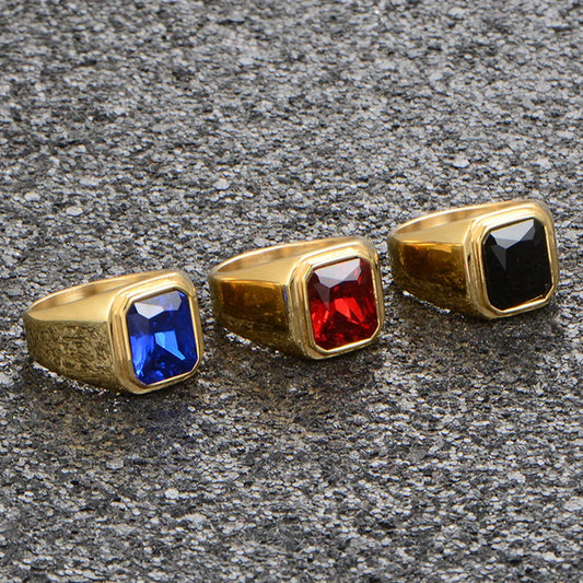 Retro Square Titanium Steel Inlay Gem Glass Stone 18K Gold Plated Men'S Rings