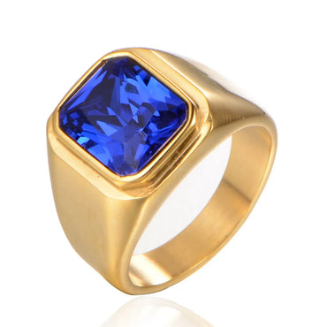 Retro Square Titanium Steel Inlay Gem Glass Stone 18K Gold Plated Men'S Rings