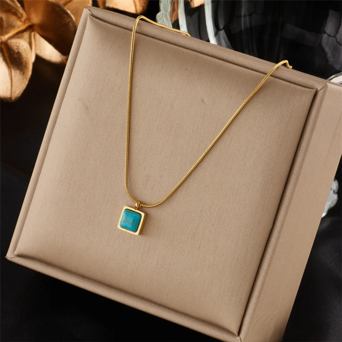 Retro Square Titanium Steel Inlay Turquoise Pendant Necklace 1 Piece