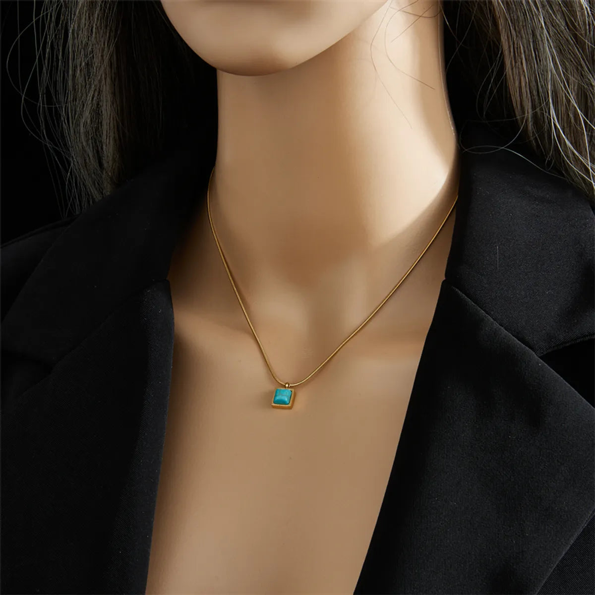 Retro Square Titanium Steel Inlay Turquoise Pendant Necklace 1 Piece