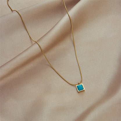 Retro Square Titanium Steel Inlay Turquoise Pendant Necklace 1 Piece