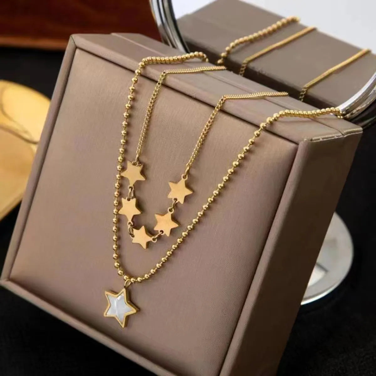 Retro Star Heart Shape Butterfly Titanium Steel Inlay Rhinestones Shell Layered Necklaces