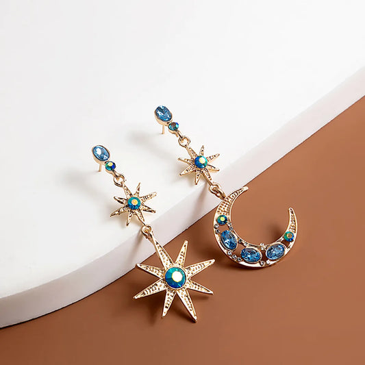 Retro Star Moon Alloy Inlay Rhinestones Women's Drop Earrings