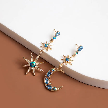 Retro Star Moon Alloy Inlay Rhinestones Women's Drop Earrings