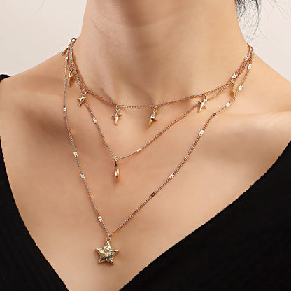 Retro Star Moon Alloy Inlay Rhinestones Women's Layered Necklaces