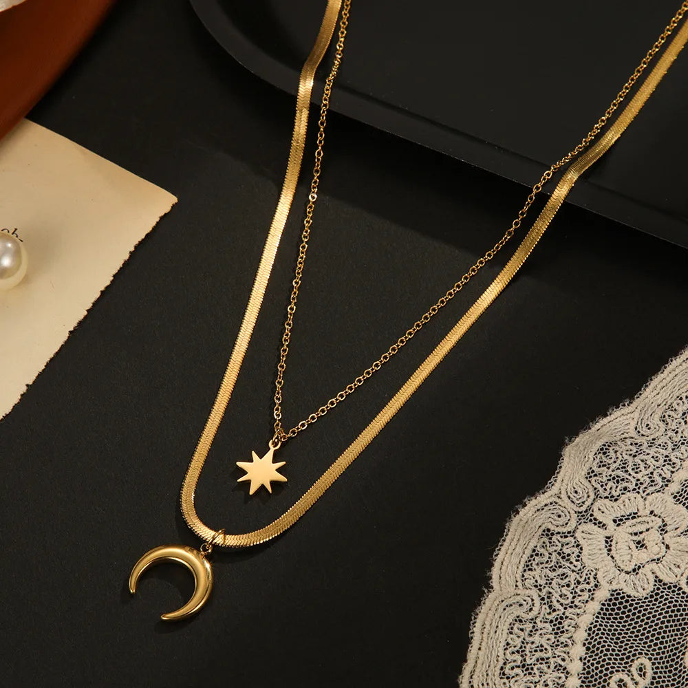 Retro Star Moon Stainless Steel Layered Necklace 1 Piece