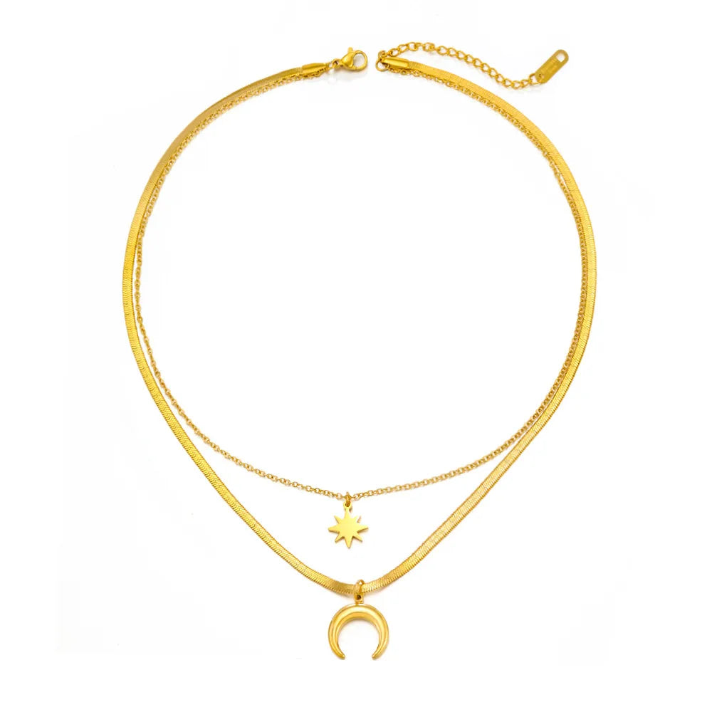 Retro Star Moon Stainless Steel Layered Necklace 1 Piece