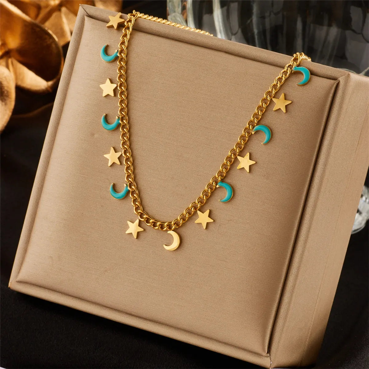 Retro Star Moon Titanium Steel Enamel 18k Gold Plated Necklace