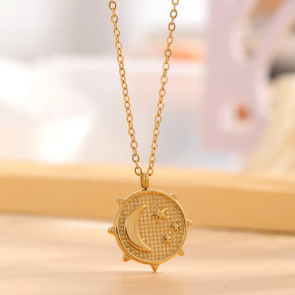 Retro Star Moon Titanium Steel Enamel Plating Inlay Natural Stone Resin Rhinestones Gold Plated Pendant Necklace