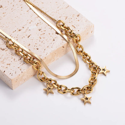 Retro Star Stainless Steel 18k Gold Plated Layered Necklaces