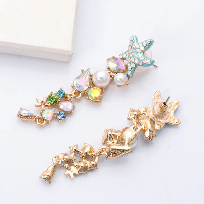 Retro Starfish Inlaid Diamond Pearl Long Earrings Wholesale