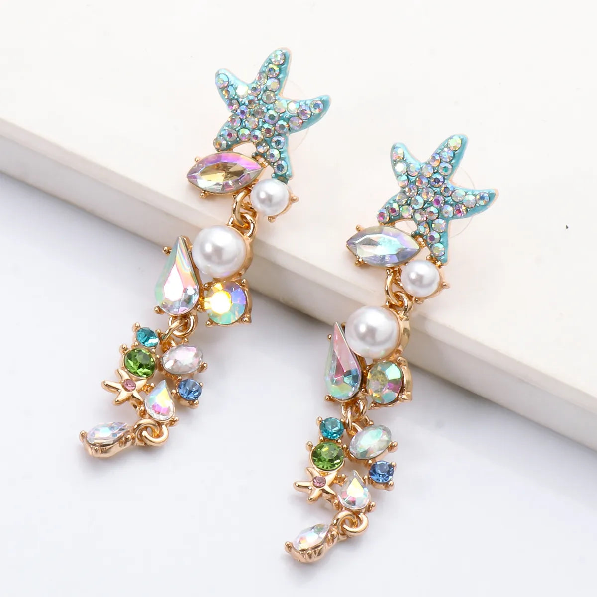 Retro Starfish Inlaid Diamond Pearl Long Earrings Wholesale