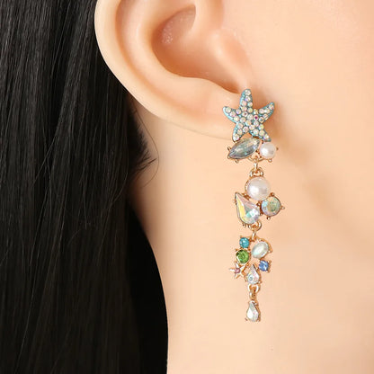 Retro Starfish Inlaid Diamond Pearl Long Earrings Wholesale