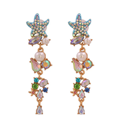 Retro Starfish Inlaid Diamond Pearl Long Earrings Wholesale