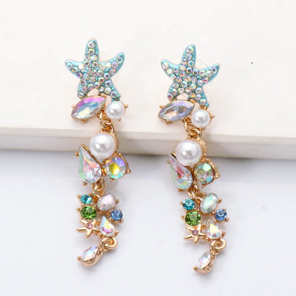 Retro Starfish Inlaid Diamond Pearl Long Earrings Wholesale