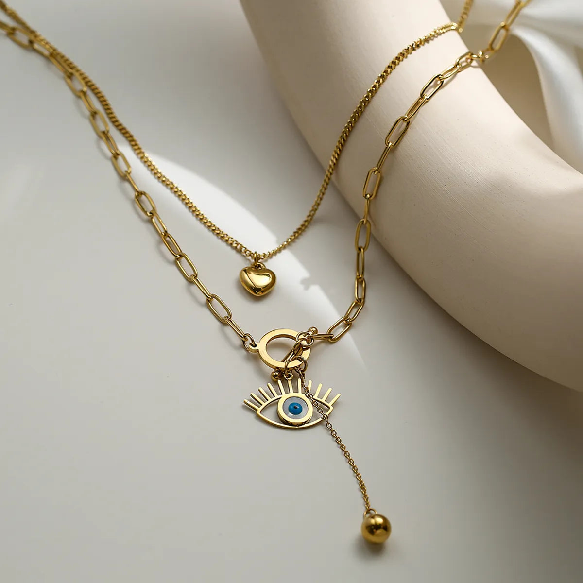 Retro Streetwear Devil's Eye Heart Shape Copper 18k Gold Plated Layered Necklaces In Bulk