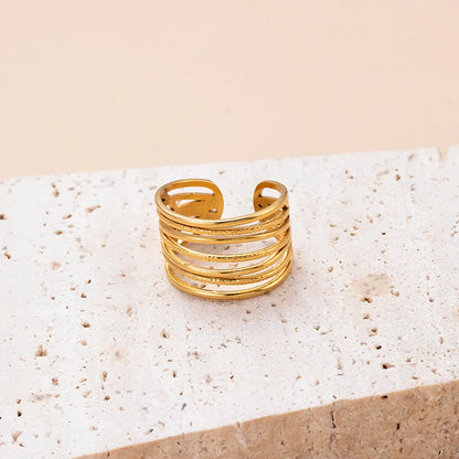 Retro Stripe Solid Color Stainless Steel Criss Cross Plating Hollow Out 18k Gold Plated Open Ring