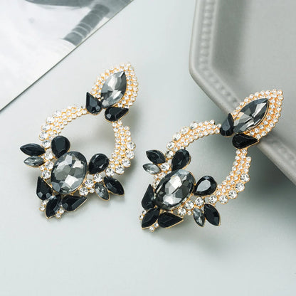 Retro Style Creative Alloy Diamond Glass Drill Rhinestone Flower Earrings