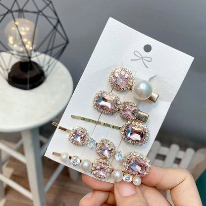 Retro Style Geometric Rhinestone One-Word Hair Clip 5-Piece Set