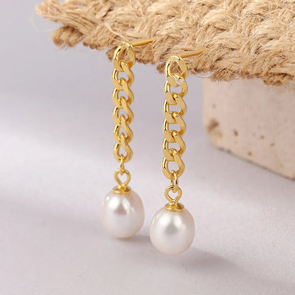 Retro Style Pearl Long Tassel Pendant Copper Earrings