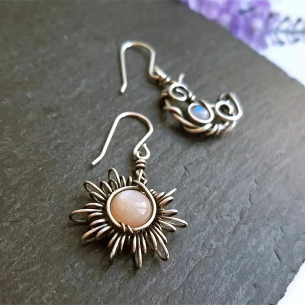 Retro Sun Moon Alloy Inlay Moonstone Women's Drop Earrings