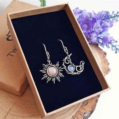 Retro Sun Moon Alloy Inlay Moonstone Women's Drop Earrings