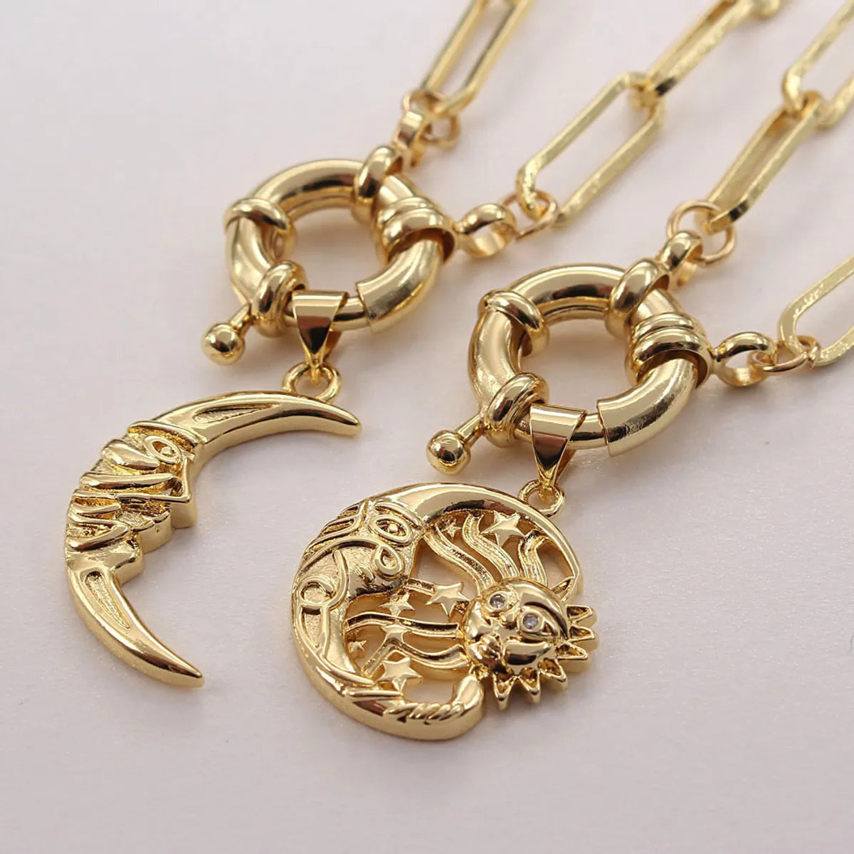 Retro Sun Moon Copper Gold Plated Zircon Pendant Necklace In Bulk