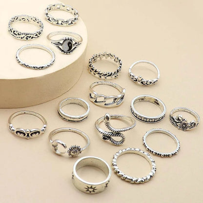 Retro Sun Moon Snake Leaves Flowers Knuckle Ring 16-Piece Ring Set