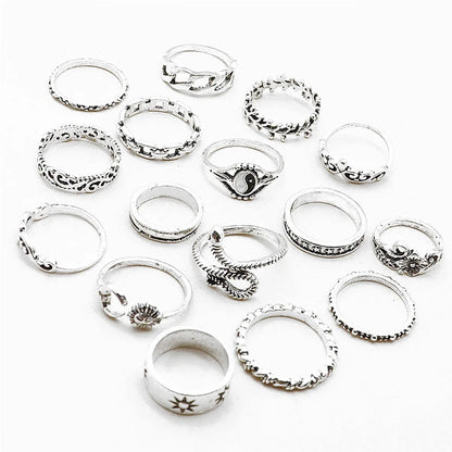 Retro Sun Moon Snake Leaves Flowers Knuckle Ring 16-Piece Ring Set