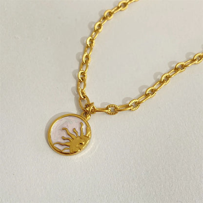 304 Stainless Steel 18K Gold Plated Retro Enamel Plating Sun Moon Shell Pendant Necklace