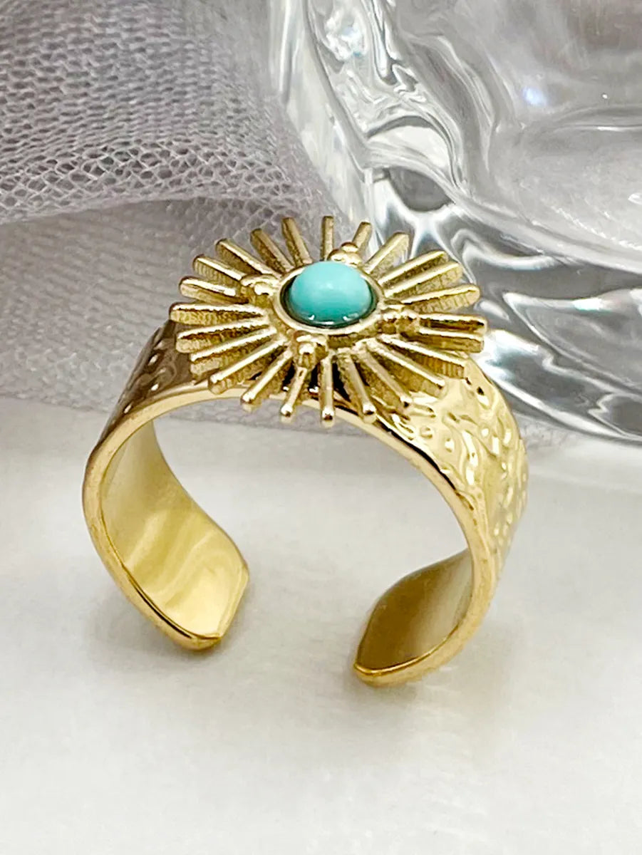 304 Stainless Steel 14K Gold Plated Retro Plating Inlay Sun Natural Stone Turquoise Open Ring