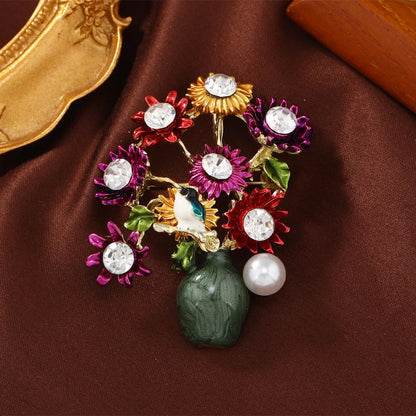 Retro Sunflower Alloy Enamel Inlay Artificial Gemstones Pearl Unisex Brooches