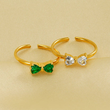 Retro Sweet Bow Knot Stainless Steel Plating Inlay Zircon 18k Gold Plated Open Rings