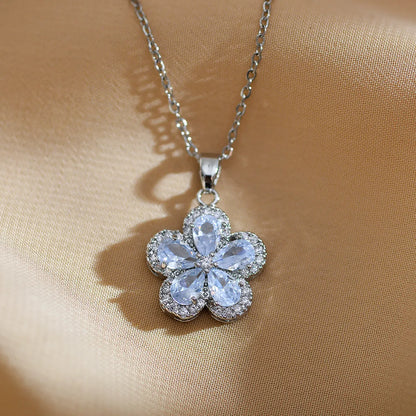 Retro Sweet Flower Titanium Steel Copper Inlay Zircon Pendant Necklace