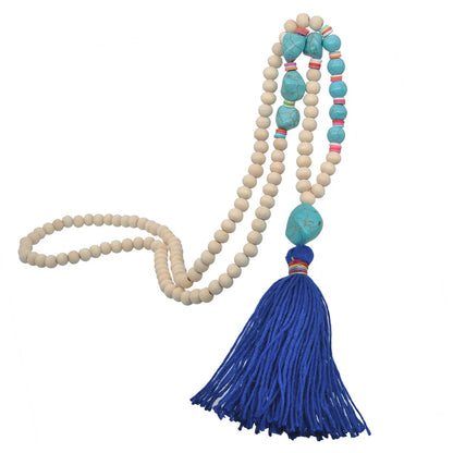 Retro Tassel White Wood Bead Turquoise Soft  Necklace