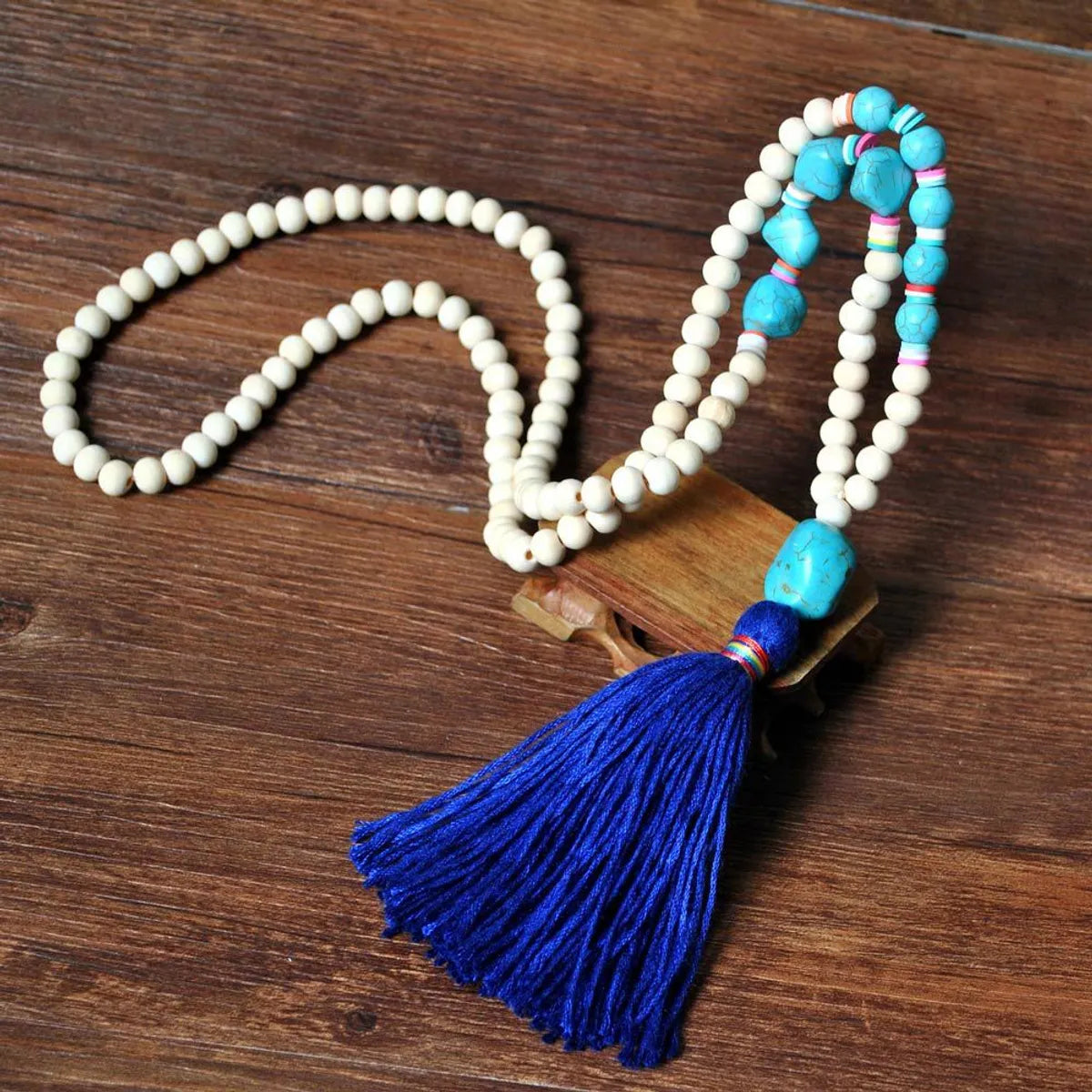 Retro Tassel White Wood Bead Turquoise Soft  Necklace