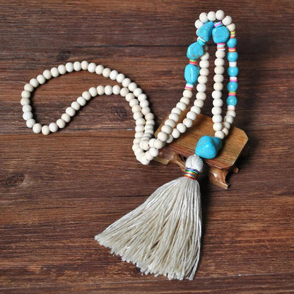 Retro Tassel White Wood Bead Turquoise Soft  Necklace