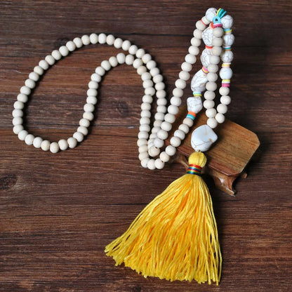 Retro Tassel White Wood Bead Turquoise Soft  Necklace