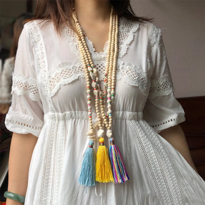 Retro Tassel White Wood Bead Turquoise Soft  Necklace