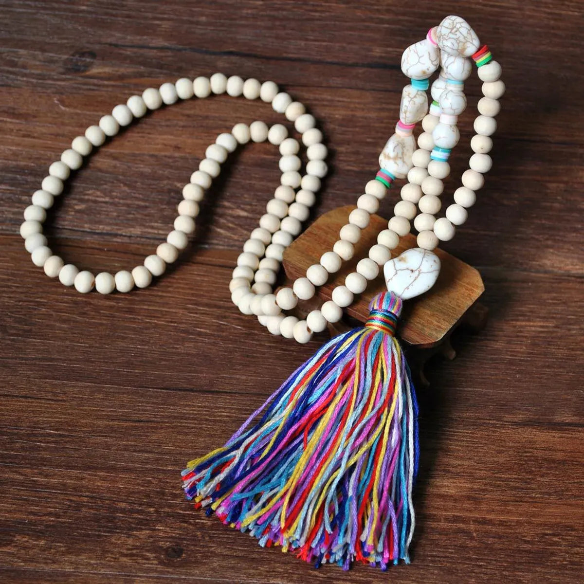 Retro Tassel White Wood Bead Turquoise Soft  Necklace