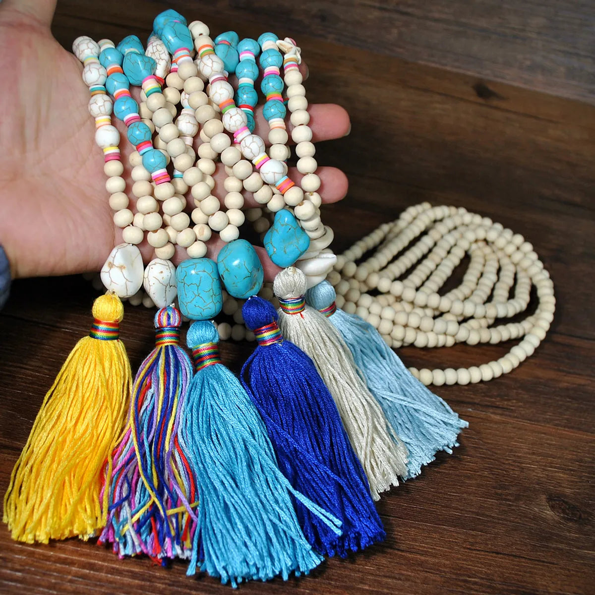 Retro Tassel White Wood Bead Turquoise Soft  Necklace