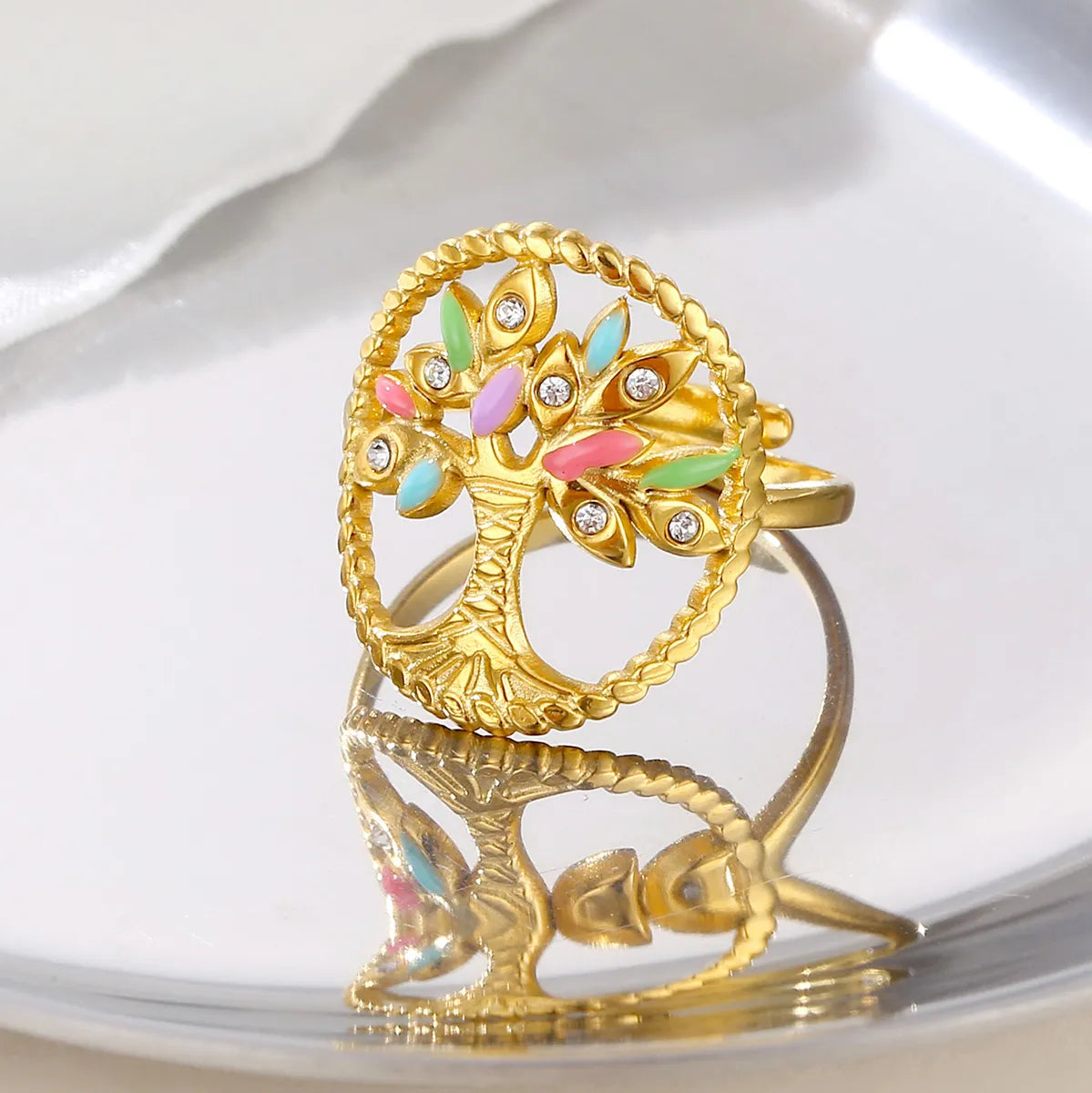 Retro Tree Stainless Steel Plating Inlay Zircon 18k Gold Plated Open Rings