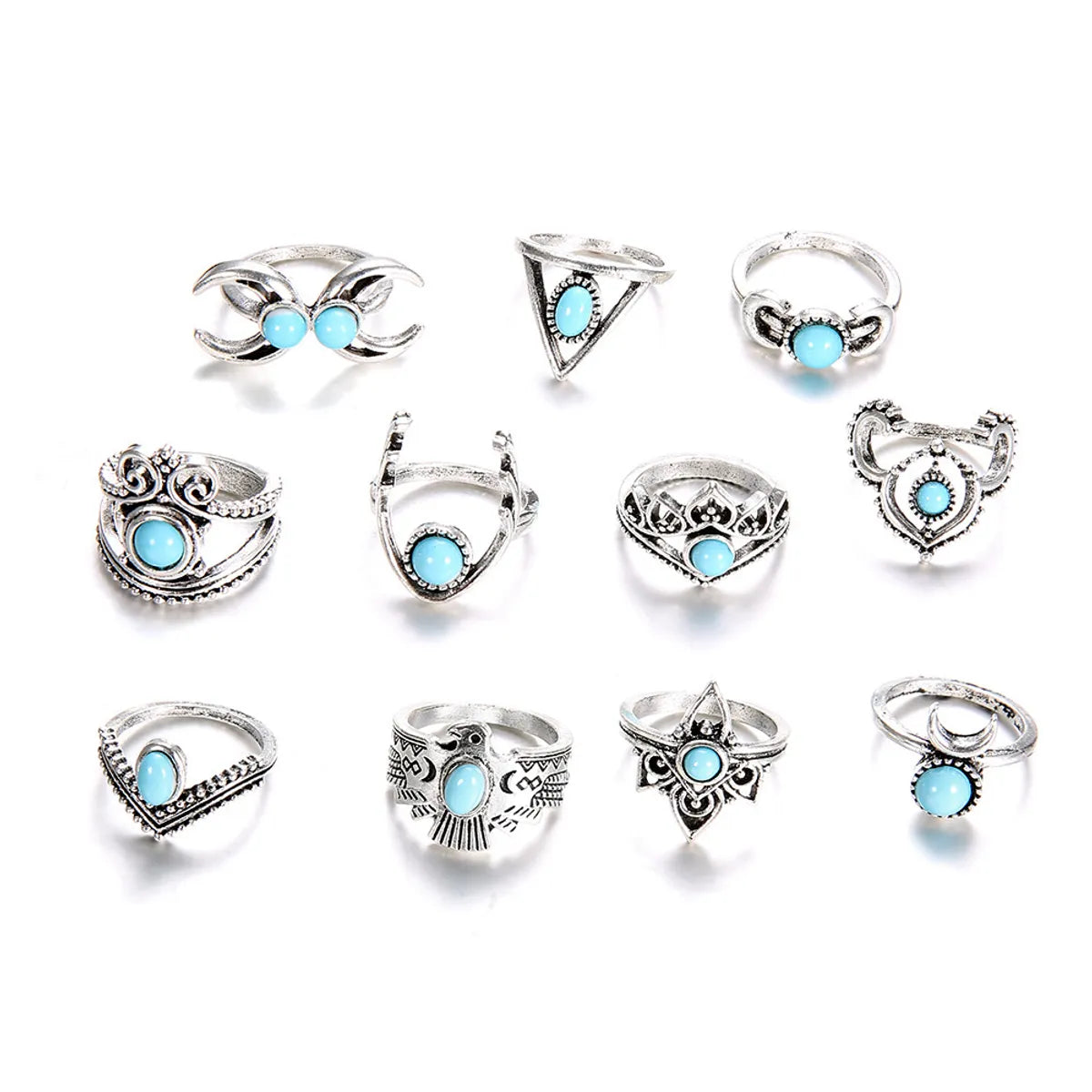 Retro Turquoise Crescent Owl Geometric Crown Triangle Ring Set