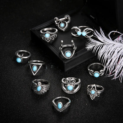 Retro Turquoise Crescent Owl Geometric Crown Triangle Ring Set