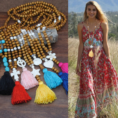 Retro Turquoise Pendant Wood Bead Bohemian Color Tassel Long Necklace