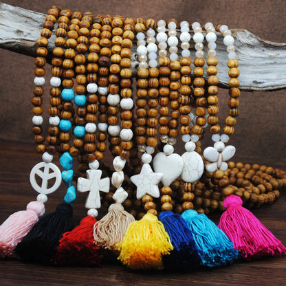 Retro Turquoise Pendant Wood Bead Bohemian Color Tassel Long Necklace