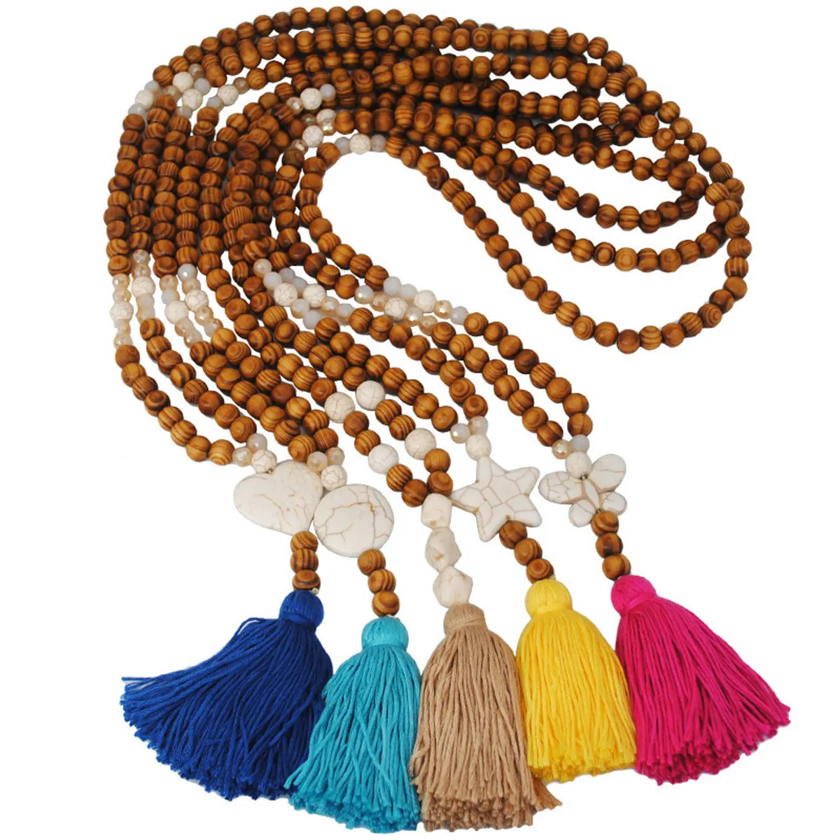 Retro Turquoise Pendant Wood Bead Bohemian Color Tassel Long Necklace