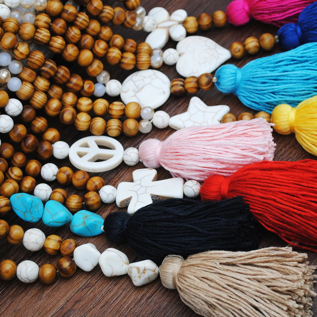 Retro Turquoise Pendant Wood Bead Bohemian Color Tassel Long Necklace