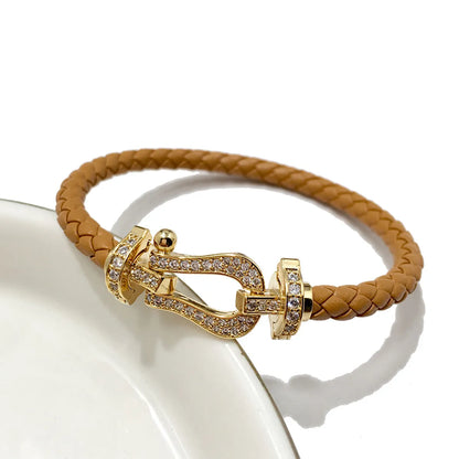 Retro Twist Zircon Pu Leather Copper Wholesale Bangle